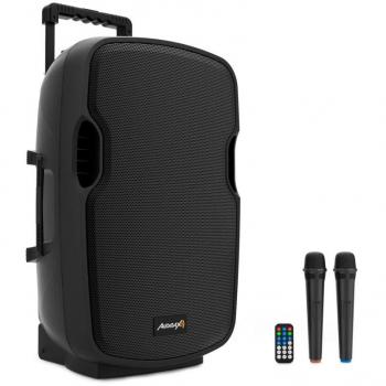 Audibax Denver 15 Altavoz Activo PA 15 con Batería, Ruedas y 2 Micrófonos Inalámbricos Mano, Potencia de 250W, Color Negro