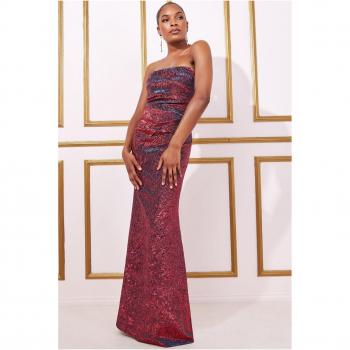 Goddiva Foil Print Corset Bardot Maxi Dress - Wine