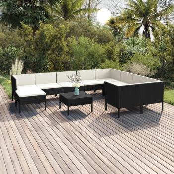 11-Piece Black Poly Rattan Garden Lounge Set with Cushions