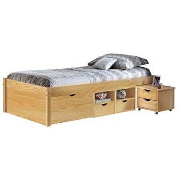 Cama funcional CLAAS 90x200 con contenedores y mesita de noche, pino macizo natural, incluye somier