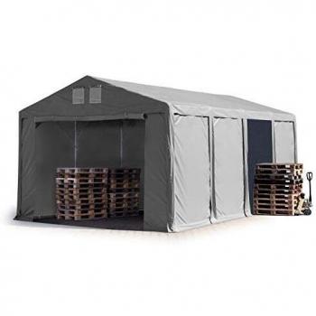 Carpa almacén TOOLPORT 6x8 m, altura lateral 3 m, PVC 850 N, gris, 100% impermeable, puerta con cremallera