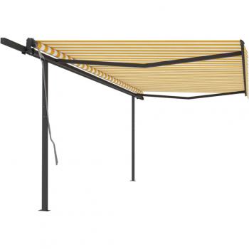 Toldo retráctil automático con postes amarillo y blanco 5x3 m