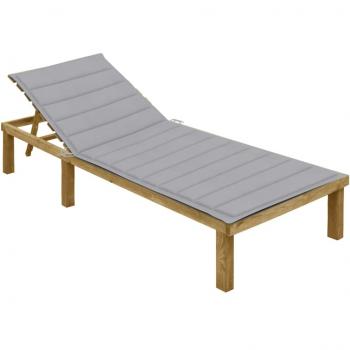 Tumbona de jardín con cojín gris de madera de pino impregnada