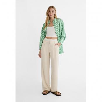 Stradivarius Linen Blend Trousers with Contrast Waistband - Stone - Size 4 and Size 8