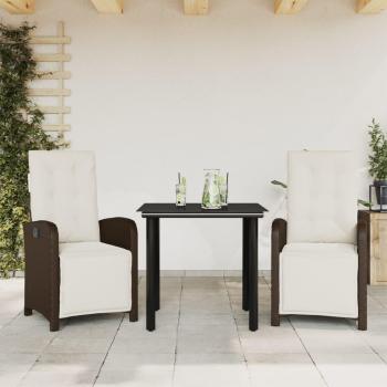 3-Piece Brown Poly Rattan Bistro Set with Cushions