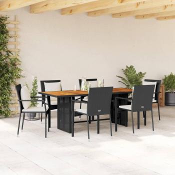 Set de almuerzo de jardín 7 piezas negro con almohadas de Polyrattan