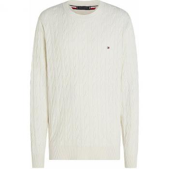 Tommy Hilfiger Classic Cotton Cable Crew Neck Men's Sweater in White, Round-neck Knitwear, Male, Size: XL Retro-inspired Chain Knit Sweatshirt Cream