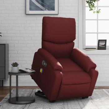 Sillón de masaje elevable eléctrico cuero artificial rojo tinto con respaldo reclinable, reposabrazos, y asiento ajustable