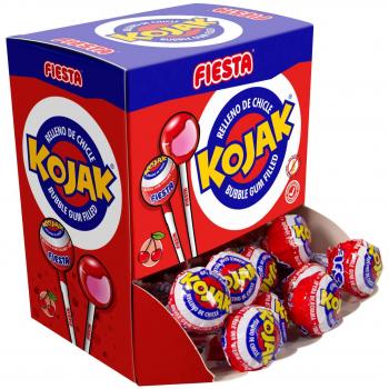 FIESTA Kojak Caramelo con Palo Sabor Cereza Relleno de Chicle - Caja de 20 unidades