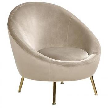 Silla de terciopelo gris pardo Langa con respaldo redondo y patas doradas para salón estilo glamour retro