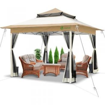 Carpa Plegable Gazebo 3.6x3.6m con Paredes Laterales de Malla, Techo Doble y Protección UV, Beige