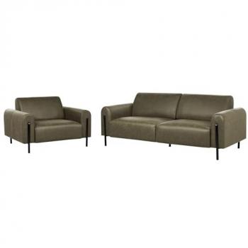 Conjunto de Sala de Estar 3 Plazas Sofá y Sillón Tapizado en Tela Verde Oscuro con Respaldo Ajustable y Patas de Metal
