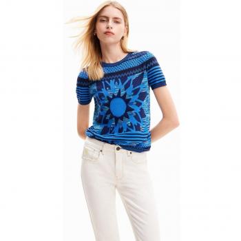 Desigual Chic Contrast Crew Neck Sweater - S, Round-neck Knitwear, female, Blue, Size: S Short Sleeve Cotton Sweater with Contrast Details and Logo