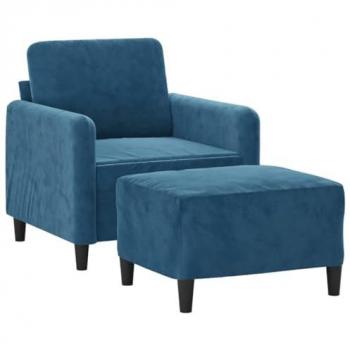 Sillón con taburete terciopelo azul 60 cm, con reposapiés, respaldo y reposabrazos, ideal para salón y descanso