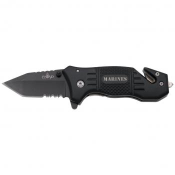 THIRD Navaja de Seguridad asistida K1919, Mango de Aluminio Negro inscripción Marines, Hoja de Acero INOX de 6.6 cm Acabado Tanto con Sierra. con Clip.