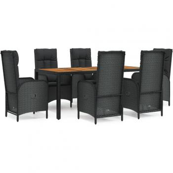 7-Piece Black Poly Rattan Garden Dining Set with Cushions