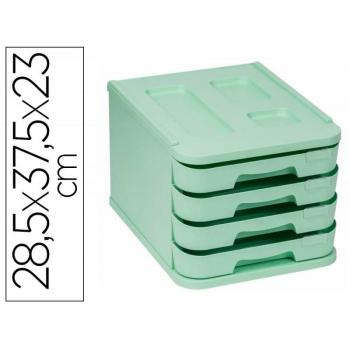 Organizador de Sobremesa 4 Cajones de 5cm con Portaetiquetas Verde Pastel, Plástico 100% Reciclable, Dimensiones 28.5x37.5x23 cm