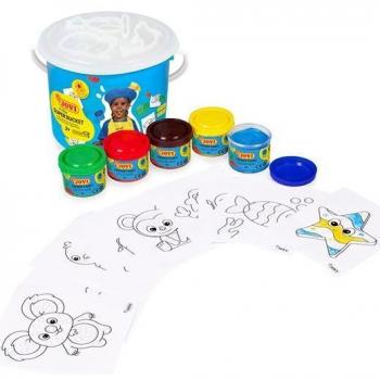 Jovi Super Bucket Set de Pintura para Dedos, 5 Botes de 35ml en Colores Surtidos con 20 Plantillas, Apto para Niños de 2-3 Años, Dimensiones del Cub