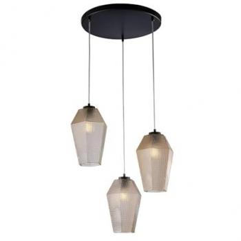 Suspensión 3 Luces Prisma Hierro Lacado Blanco y Vidrio Ámbar