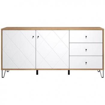Aparador Touch de Madera de Ingeniería Blanco Mate con Roble Artesano, 2 Puertas y 3 Cajones, Dimensiones: 183 x 76 x 40 cm