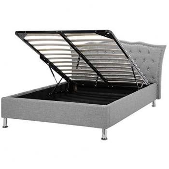Cama Matrimonial de Tela Gris 140x200 cm con Almacenaje y Cabecera Tapizada con Botones de Cristal - Modelo Metz