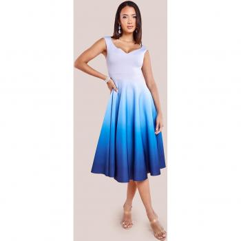 Light Blue Ombre Scuba Foam Bardot A-Line Midi Dress
