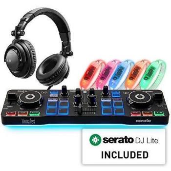 Hercules DJ Party Set: Controladora de DJ USB de 2 decks DJControl Starlight para Serato DJ Lite + Auriculares HDP DJ45 + 5 pulseras LED que detectan el ritmo