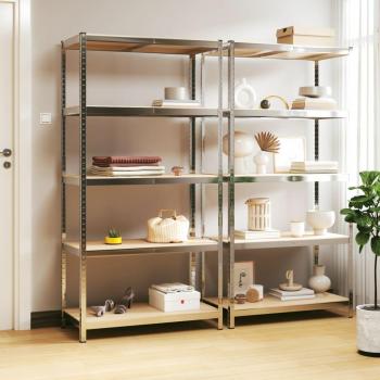 vidaXL 5-Layer Heavy-duty Shelves 2 pcs Silver Steel & Engineered Wood