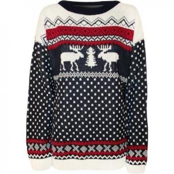 WearAll - Mujeres Hecho Punto Reindeer Navidad Impreso Suéter Top - Azul Marino - 46-48