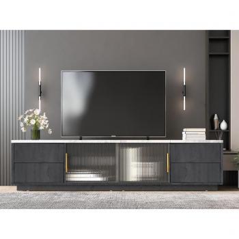 Mueble de TV 160 cm - apto para televisores de 70 con amplio espacio de almacenamiento y superficie efecto mármol - gris