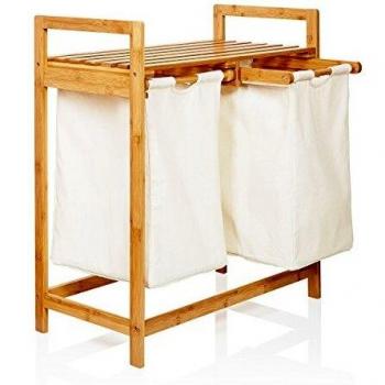 Lumaland Estantería de Baño en Bambú con Cestas para la Colada - Cesto para Ropa Sucia con 2 Compartimientos Extraíbles - Mueble Organizador para Lavadora - 73 x 64 x 33 cm/Beige
