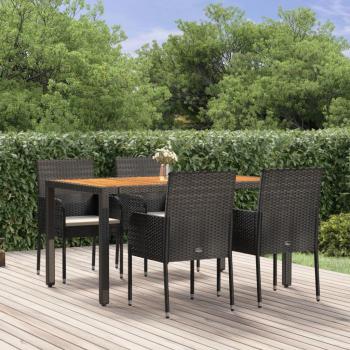 5-Piece Black Poly Rattan Garden Dining Set with Cushions