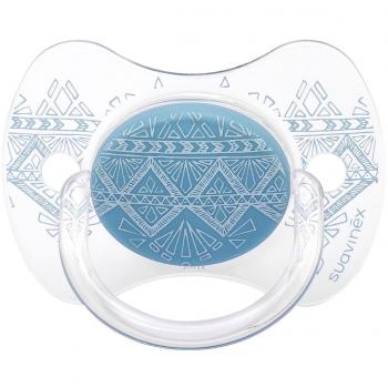 Chupete premium Suavinex Couture con tetina fisiológica de silicona, diseño étnico en tonos azul claro, para bebés de 0 a 4 meses