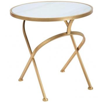 Mesa Tavolinetto Glam Mat de metal dorado con tapa de cristal blanco Ø 50,5x50