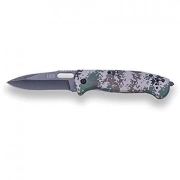 Navaja con apertura manual JKR0527, hoja pavonada de 8,5 cm de acero inox, mango de aluminio color camo digital, clip cinturón y rompecristales