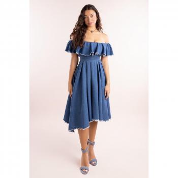 Goddiva Denim Frilled Bardot High Low Dress - Blue Denim, Size 8 UK