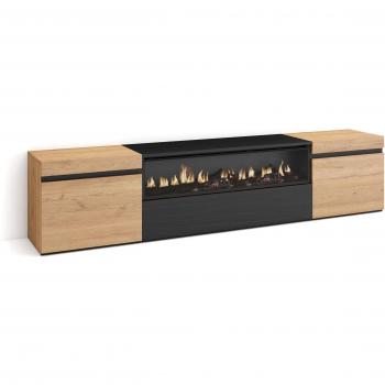 Mueble TV moderno con chimenea eléctrica, 200x45x35cm, para televisores hasta 80, roble y negro - Skraut Home