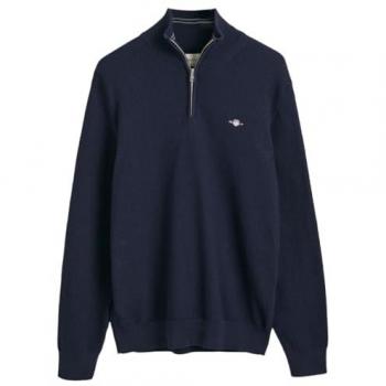 GANT Men's Cotton Micro Textured Half Zip Jumper, Evening Blue, XXL