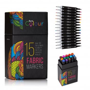 Juego de marcadores para tela de 15 colores vibrantes, diseño de doble punta Nuestros marcadores permanentes para tela tienen tinta alemana de la más alta calidad con derrame mínimo, lo que la hace perfecta para el diseño de camisetas, baberos, zapato