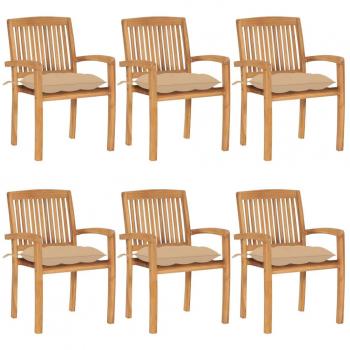 Stackable Garden Chairs with Cushions - Set of 6 Solid Teak Wood