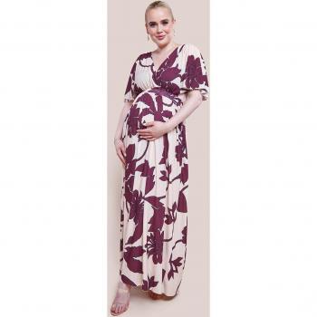 Cream Maternity Leaf Print Flutter Sleeve Maxi Dress - Size 10 UK