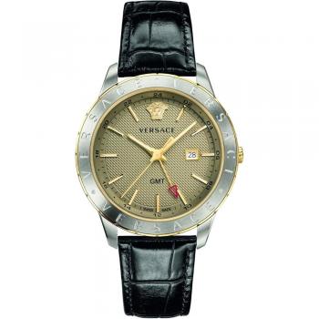 Versace Herrenuhr Schwarzes Leder Gold Silber GMT