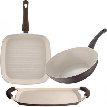 San Ignacio Juego de Asador + Wok + Sartén Asador en Aluminio Forjado Aptos Para Inducción, Crema y Marrón