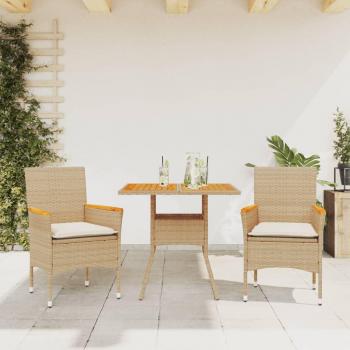 Set de comedor de jardín 3 piezas con almohadas de Acacia y Polyrattan beige