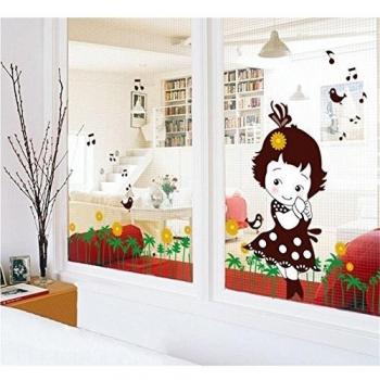 ufengke Dibujos Animados Hermosa Chica Tímida Aves y Notas Musicales Volar Flores Pegatinas de Pared, Vivero Habitación de Los Niños Removible Etiquetas de La Pared / Murales