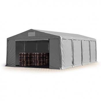 Carpa almacén Toolport 8x8 m, altura lateral de 3,0 m, PVC 850 gris, 100% impermeable, puerta con cremallera