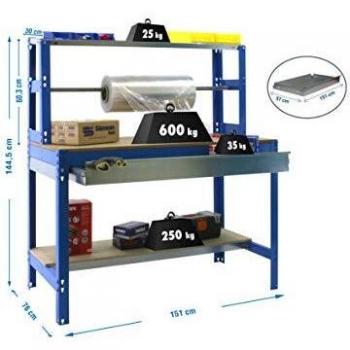 Banco de trabajo BT4 con cajón Simonwork Azul/Madera Simonrack 1445x1510x760 mms - Banco de embalaje - mesa logística 600 Kgs de capacidad por estante