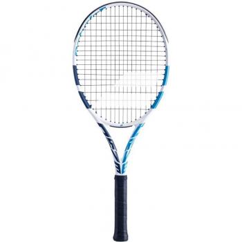 Raqueta de tenis Babolat Evo Drive S blanca y azul, diseñada para mujeres, con un peso ligero, tecnología de absorción de vibraciones, marco aerodinámico y un tamaño de cabeza amplio que ofrece mayor potencia y control