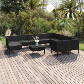 11-Piece Black Poly Rattan Garden Lounge Set with Cushions