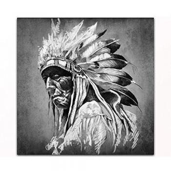 Vos bilder24. de – decoración mural XXL Tribal indio retrato pintado en blanco/negro sobre lienzo y chasis. Calidad mejorada, hecho a mano en Alemania., blau gelb weiß grün rot orange braun lavendel flieder schwarz pink rosa lila sepia beige mehrfa